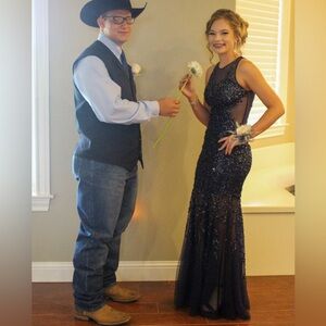 Jovani Navy Blue Sequin Prom Dress